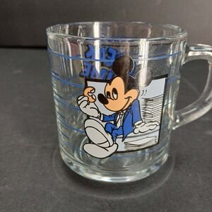 Disney Mickey Mouse Break Time Clear Glass Coffee Mug Vintage Office Theme 3.5in